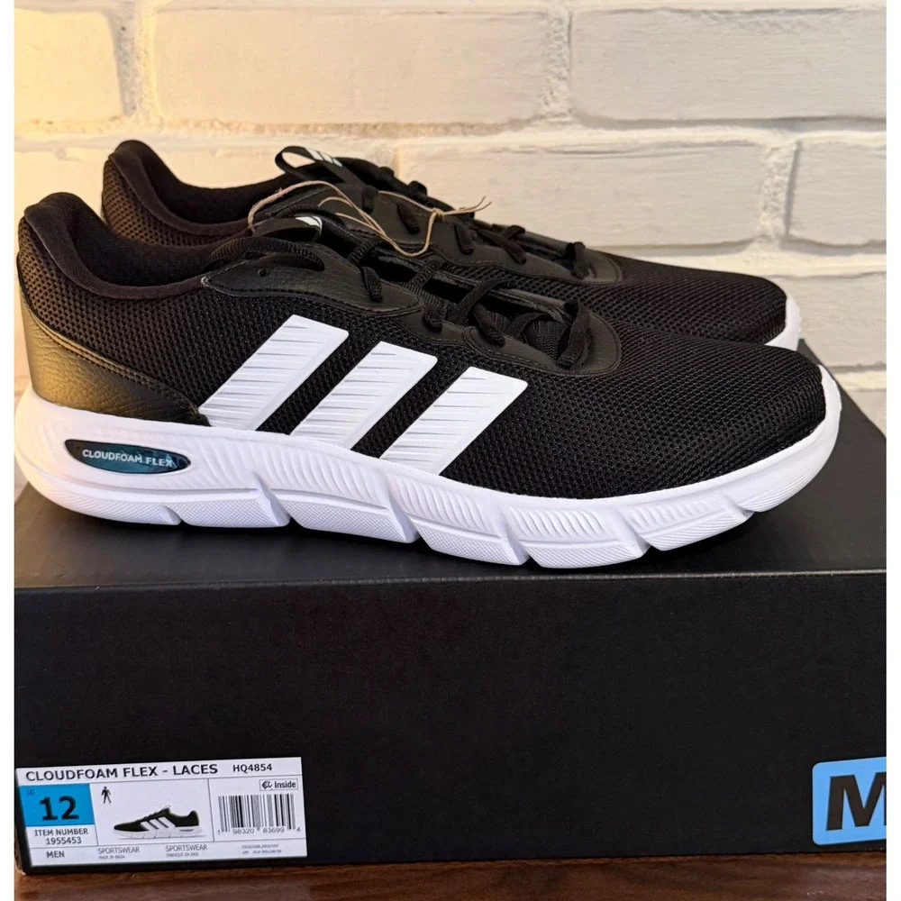 NWT Adidas Cloudfoam Flex Laces Mens 12 Fit Black White Sneakers HQ4854 Classic